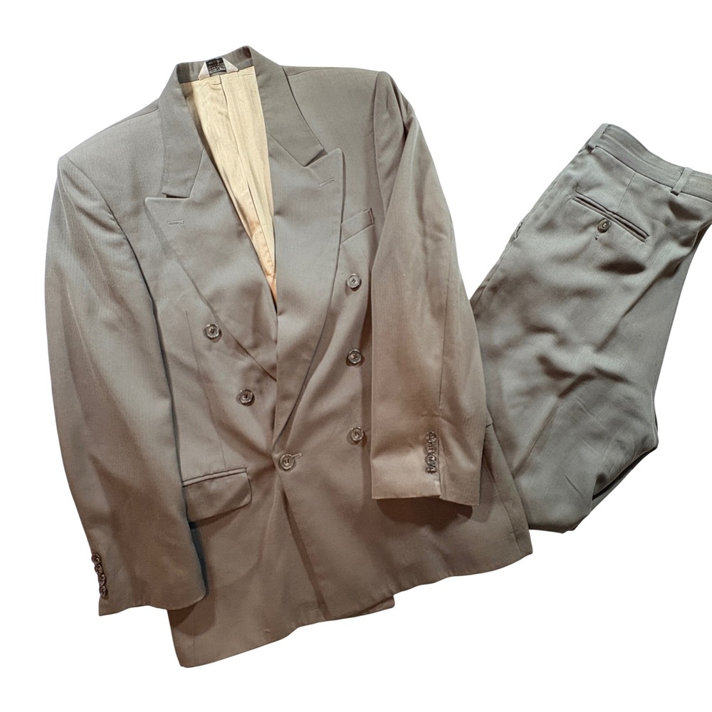 J. Riggins Wool Suit Mens 40R Olive Green Double Breasted Herringbone Vintage